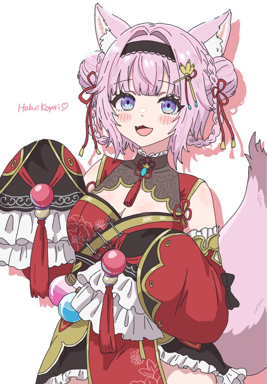 1girl animal_ears black_bow black_hairband blue_eyes blush bow braid braided_hair_rings breasts character_name cleavage double_bun dress fang hair_bun hair_intakes hair_rings hairband hakui_koyori hakui_koyori_(6th_costume) highres hololive large_breasts long_sleeves looking_at_viewer medium_hair multicolored_eyes nyanmeru0094 open_mouth pink_hair pink_tail purple_eyes red_dress red_sleeves simple_background sleeves_past_fingers sleeves_past_wrists smile solo tail two-tone_eyes virtual_youtuber white_background wolf_ears wolf_girl wolf_tail
