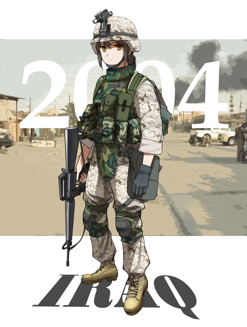 1girl absurdres assault_rifle body_armor boots camouflage desert_camouflage gun highres hunk03 interceptor_multi-threat_body_armor_system iraq_war knee_pads lace-up_boots m16 m16a2 military military_combat_uniform military_uniform motor_vehicle original pickup_truck rifle soldier tactical_clothes truck united_states_marine_corps weapon