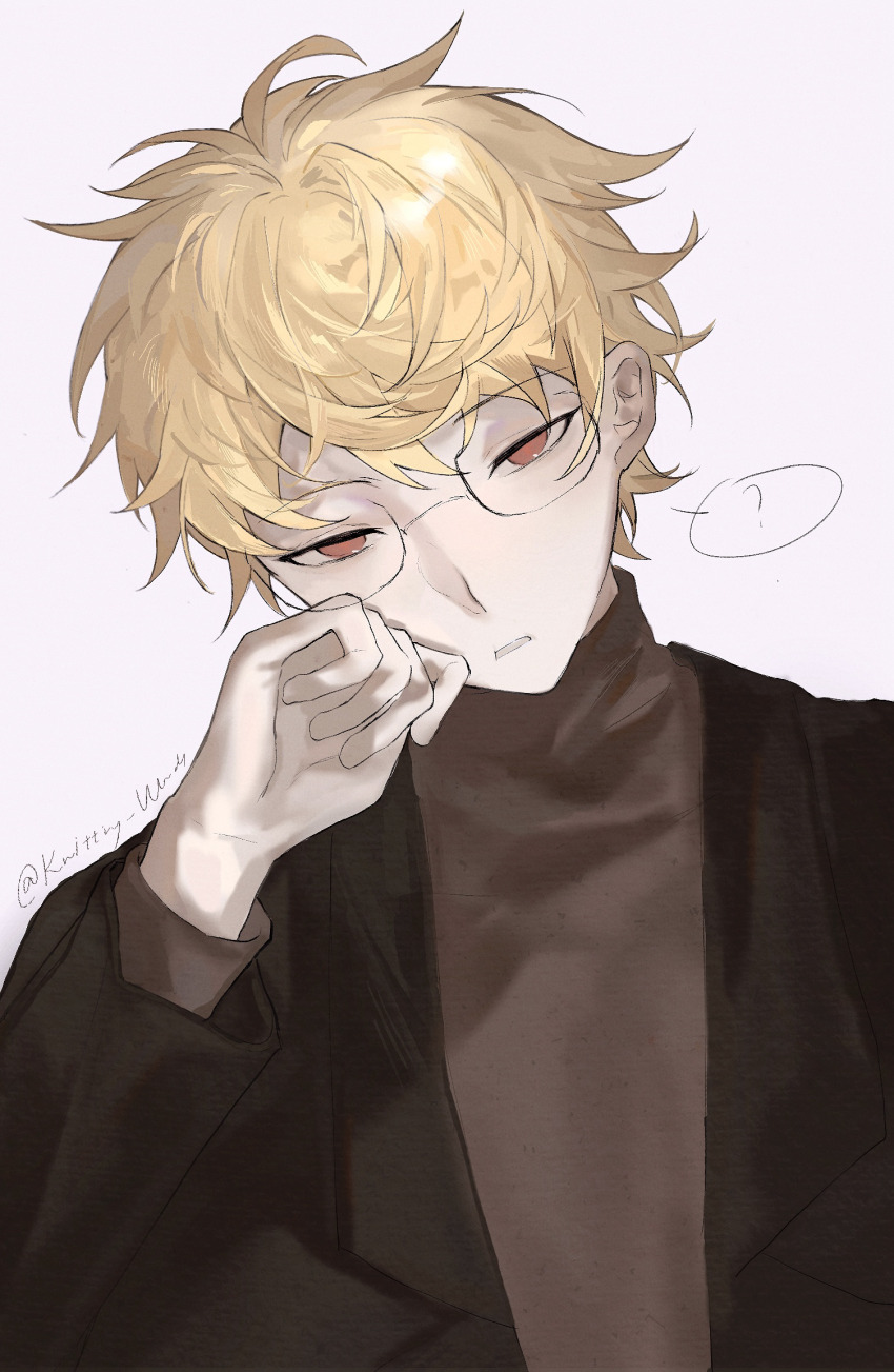 1boy ? atou_haruki black_jacket blonde_hair brown_sweater chinese_commentary commentary_request film_grain glasses hand_on_own_cheek hand_on_own_face head_tilt highres jacket long_sleeves looking_at_viewer male_focus open_clothes open_jacket red_eyes saibou_shinkyoku short_hair simple_background solo spoken_question_mark sweater turtleneck turtleneck_sweater upper_body white_background zhiyanpianyu55126