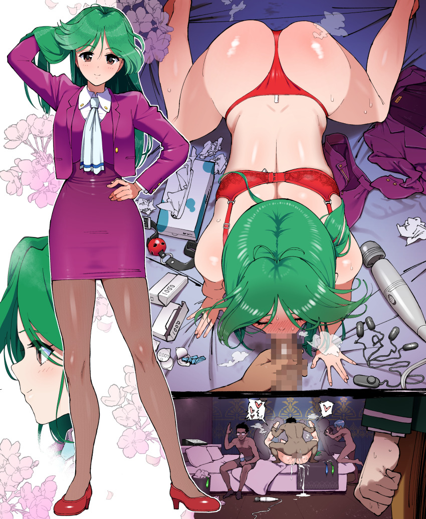 1girl 6+boys absurdres aburisamon all_fours ascot asou_kasumi ass background_sex ball_gag barefoot bed bed_sheet bra brown_eyes brown_pantyhose camera censored clenched_hand commentary_request commission condom condom_box cum cum_overflow cum_pool egg_vibrator feet_up fellatio fingernails full_body gag gangbang green_hair group_sex hair_lift hand_on_own_hip heart hetero highres hitachi_magic_wand holding holding_camera indoors jacket leg_grab legs_up lingerie long_hair mating_press moaning mosaic_censoring multiple_boys multiple_views on_bed oral panties pantyhose penis pillow pink_jacket pink_shirt pink_skirt pov pov_hands rape recording red_bra red_footwear red_panties sequential sex sex_toy shirt skeb_commission skirt smile spoken_heart spread_legs standing tissue tissue_box tokimeki_memorial tokimeki_memorial_2 too_many too_many_sex_toys underwear used_condom used_tissue vibrator waving white_ascot