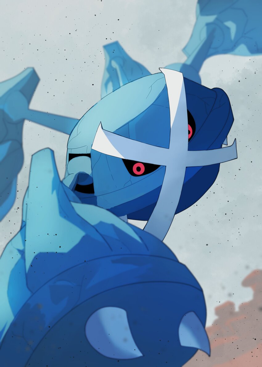 absurdres black_sclera claws colored_sclera dust_cloud dynamic_pose foreshortening gen_3_pokemon grey_background highres looking_at_viewer metagross nintendo no_humans pokemon pokemon_(creature) red_eyes zeroartwo