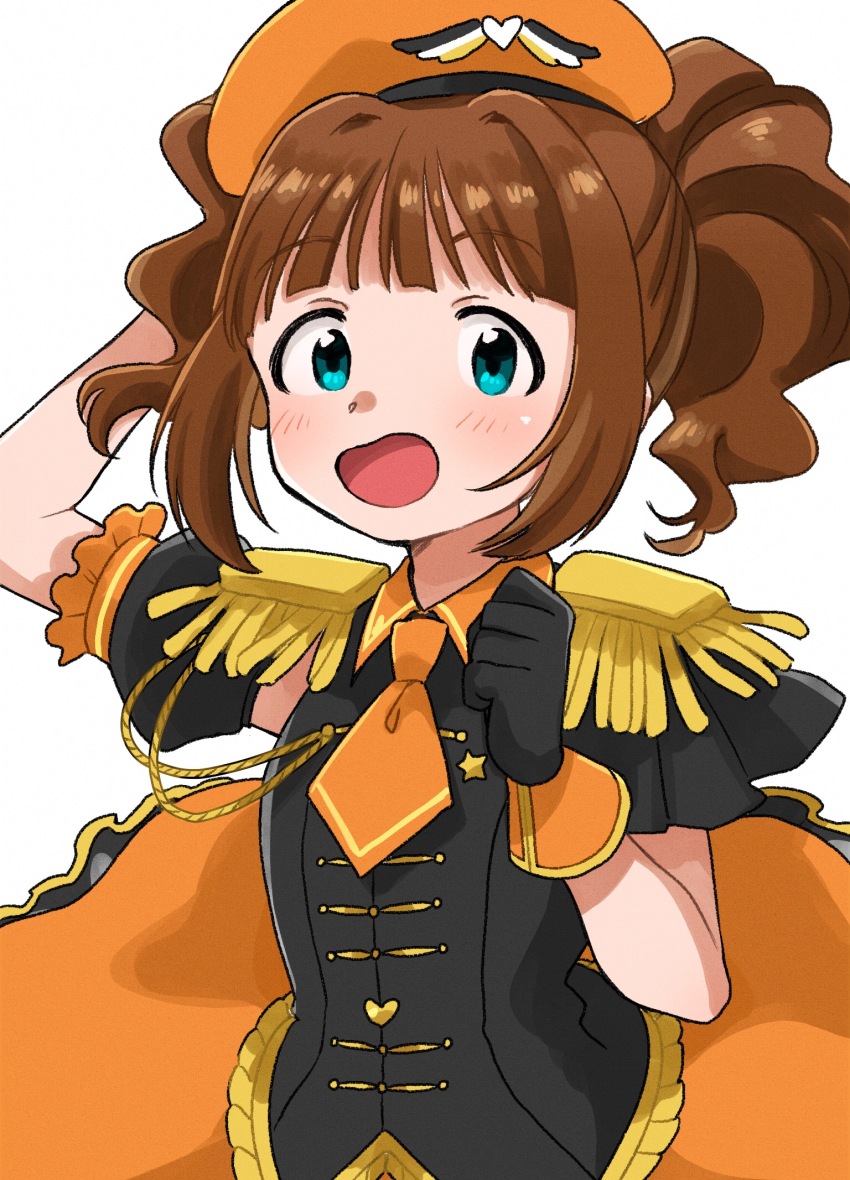 1girl aqua_eyes arm_up black_gloves black_shirt brown_hair detached_sleeves epaulettes gloves hand_up hat highres idolmaster idolmaster_(classic) looking_at_viewer naruse_ill necktie open_mouth orange_hat orange_necktie puffy_detached_sleeves puffy_sleeves shirt simple_background single_detached_sleeve smile solo takatsuki_yayoi twintails upper_body white_background