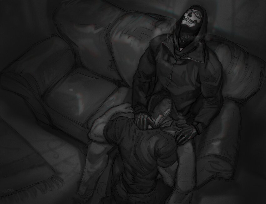 2boys absurdres asymmetrical_hair bara call_of_duty call_of_duty:_modern_warfare_2 couch fellatio ghost_(modern_warfare_2) gloves highres hood hood_up hoodie jacket kneeling male_focus mask monochrome multiple_boys netcrow98 open_pants oral pants shirt short_hair sidecut sitting skull_mask soap_(modern_warfare_2) undercut yaoi