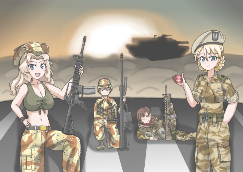 10s anti-materiel_rifle assault_rifle barrett_m82 beret british_army darjeeling_(girls_und_panzer) desert girls_und_panzer gulf_war gun hat ideshin kay_(girls_und_panzer) keep_calm_and_carry_on m16 m16a2 m1_abrams m4_carbine military military_vehicle motor_vehicle naomi_(girls_und_panzer) rifle rukuriri_(girls_und_panzer) sniper_rifle special_air_service sunset tank united_states_army weapon