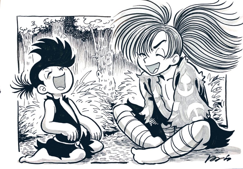 1boy 1girl bandages between_legs bush dororo_(character) dororo_(tezuka) greyscale hand_between_legs highres hyakkimaru_(dororo) indian_style laughing monochrome multiple_boys official_style robiiiiim signature sitting tezuka_osamu_(style) tree wariza