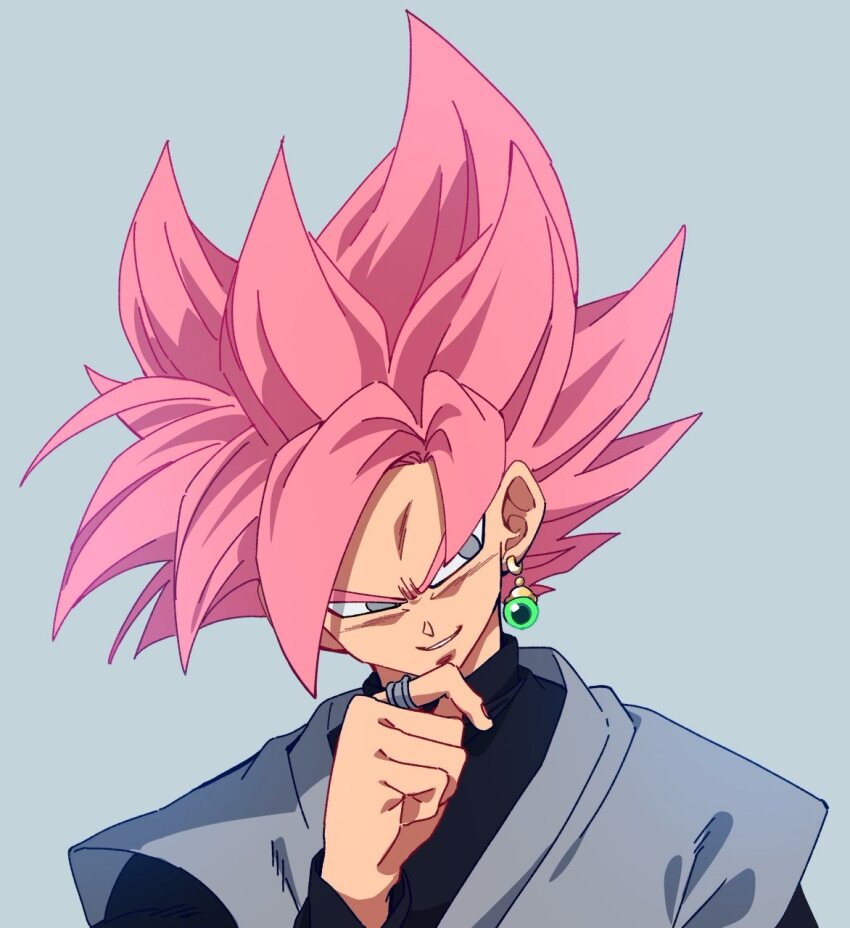 1boy black_bodysuit bodysuit dougi dragon_ball dragon_ball_super earrings goku_black grey_eyes hand_on_own_chin hand_on_own_face highres jewelry komesan_0212 long_sleeves looking_to_the_side pink_hair potara_earrings ring saiyan smirk solo spiked_hair super_saiyan super_saiyan_rose