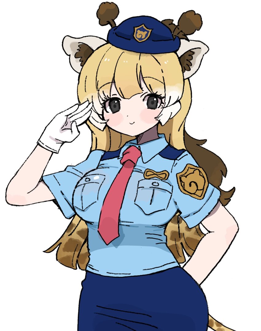 010mzam 1girl alternate_costume animal_ears animal_print badge blonde_hair blue_shirt blue_skirt breast_pocket brown_hair collared_shirt cowboy_shot giraffe_ears giraffe_girl giraffe_horns giraffe_print giraffe_tail gloves grey_eyes hair_between_eyes hat highres horns japari_symbol kemono_friends long_hair looking_at_viewer multicolored_hair necktie pencil_skirt pocket police police_hat police_uniform policewoman red_necktie reticulated_giraffe_(kemono_friends) salute shirt short_sleeves sidelocks skirt solo t-shirt tail white_gloves white_hair