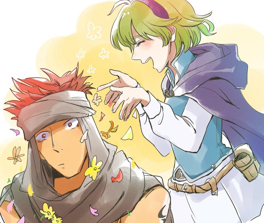 1girl blush cape closed_eyes fire_emblem fire_emblem:_the_blazing_blade fire_emblem_heroes flower green_hair hairband highres hoshigaki_(hsa16g) jaffar_(fire_emblem) nino_(fire_emblem) nintendo open_mouth red_eyes red_hair short_hair smile