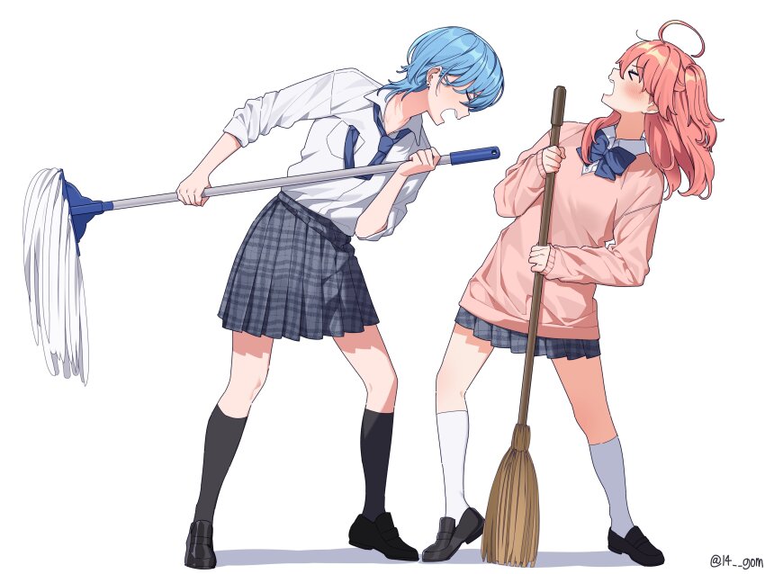 &gt;_&lt; 14_(vision5032) 2girls absurdres ahoge alternate_costume black_footwear black_socks blue_bow blue_hair blue_necktie bow bowtie broom closed_eyes collared_shirt ear_piercing grey_skirt hair_between_eyes hashtag-only_commentary highres holding holding_broom holding_mop hololive hoshimachi_suisei kneehighs leaning_back leaning_forward legs_apart loafers long_hair long_sleeves miniskirt mop multiple_girls music necktie necktie_in_pocket one_side_up open_mouth parted_bangs piercing pink_hair pink_sweater plaid_clothes plaid_skirt pleated_skirt sakura_miko school_uniform shirt shoes short_hair simple_background singing skirt sleeves_past_wrists sleeves_rolled_up socks standing sweater teeth twitter_username upper_teeth_only v-neck virtual_youtuber white_background white_shirt white_socks