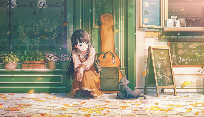 1girl animal autumn autumn_leaves back_bow bass_clef beamed_eighth_notes black_cat black_hair blunt_bangs boots bow box braid braided_bangs brooch brown_boots brown_dress brown_neckerchief cafeteria cake cappuccino cat ceiling_light chalk_drawing charm_(object) cheesecake closed_mouth coffee coffee_maker coffee_mug colorful_palette counter creamer_(vessel) cup dappled_sunlight day disposable_spoon dot_nose double_horizontal_stripe dress drinking_glass drinking_straw earrings eiffel_tower eighth_note espresso_machine evening facing_viewer fingernails flower flower_earrings flower_pot food grey_eyes grey_sailor_collar grey_shirt guitar_case hair_behind_ear hair_bow hair_over_shoulder hair_ribbon half-closed_eyes hands_on_own_knees hanging_light happy happy_enjoy_music!_(project_sekai) highres hoshino_ichika_(project_sekai) ice_cub iced_tea instrument instrument_case jar jewelry lace-up_boots latte_art leaf licking licking_paw licking_self light_particles long_dress long_hair long_sleeves looking_at_animal looking_at_another menu menu_board mug multicolored_hair musical_note musical_note_charm musical_staff napkin napkin_holder neckerchief official_alternate_costume official_alternate_hairstyle official_art orange_hair orange_ribbon outdoors own_hands_together pavement piano piano_bench pink_flower plaid_clothes plaid_dress plant plastic_spoon project_sekai pudding puffy_long_sleeves puffy_sleeves quarter_note ribbon road sailor_collar sailor_shirt saucer sett shadow sharp_sign shelf shirt shop short_braid sign single_braid single_horizontal_stripe sleeveless sleeveless_dress smile solo spoon squatting star_charm stirrer storefront strawberry_shortcake streaked_hair street sugar_cube sunlight tabby_cat third-party_source tile_wall tiles tongue tongue_out treble_clef tsurime v_arms waffle wavy_hair whiskers wide_shot window wooden_box yellow_flower