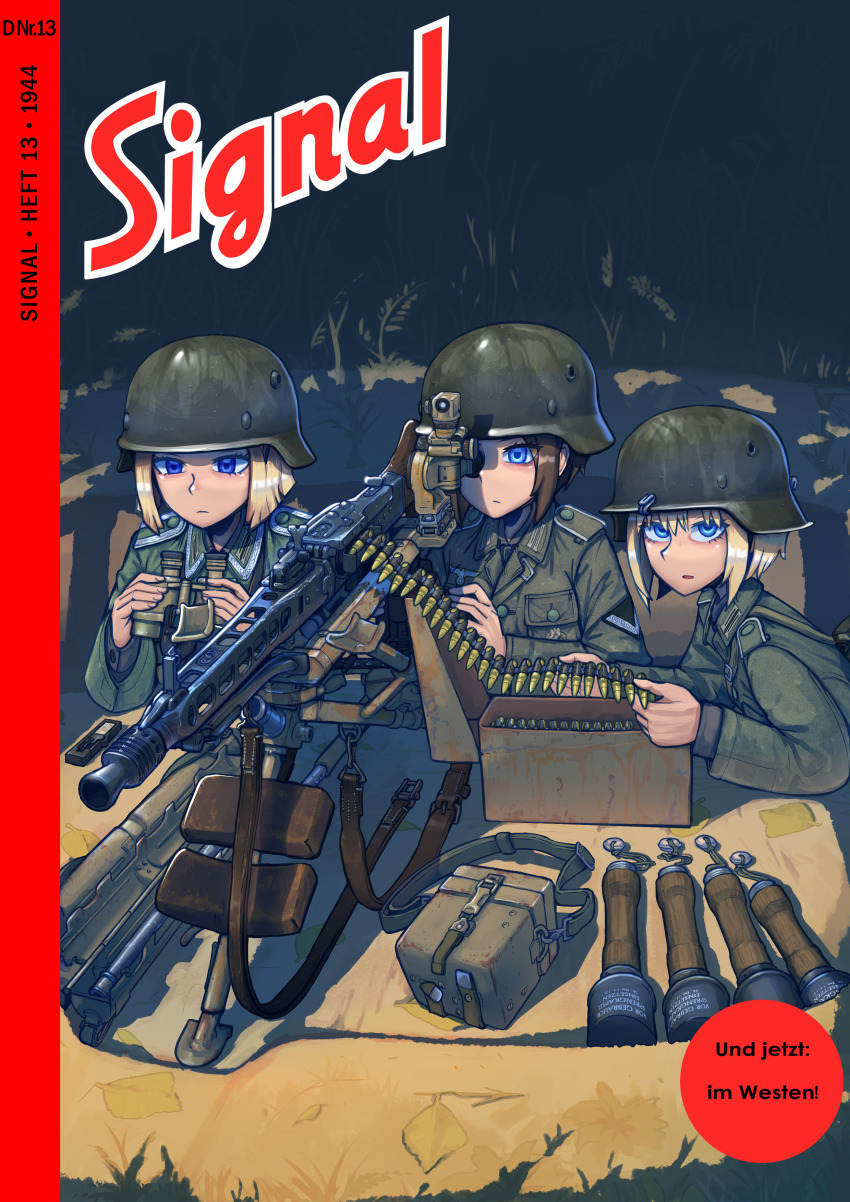 3girls absurdres ammunition ammunition_belt blonde_hair combat_helmet cover erica_(naze1940) explosive fake_magazine_cover grenade gun helmet highres holding holding_weapon long_hair machine_gun magazine_(weapon) magazine_cover mg42 military military_uniform multiple_girls original range_finder reichsadler rifle short_hair stielhandgranate weapon world_war_ii
