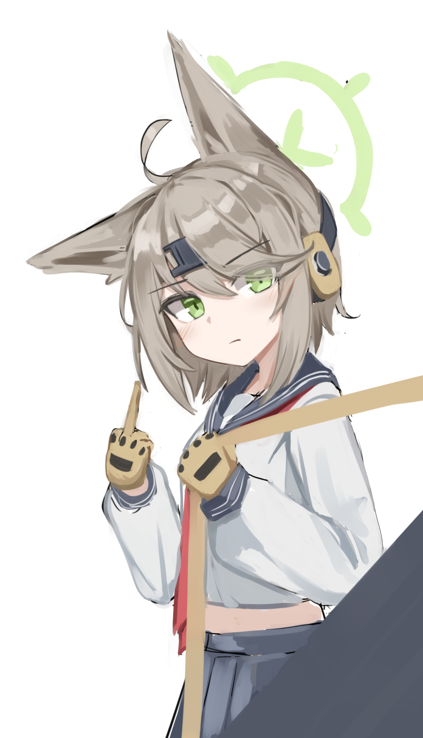 1girl absurdres ahoge animal_ears bag black_bag blue_archive blue_sailor_collar blue_skirt blush brown_gloves brown_hair closed_mouth di_le_to earphones eyes_visible_through_hair fox_ears fox_girl gloves green_eyes hair_between_eyes hair_over_one_eye highres holding holding_bag implied_extra_ears middle_finger neckerchief otogi_(blue_archive) red_neckerchief sailor_collar shirt short_hair skirt solo white_shirt