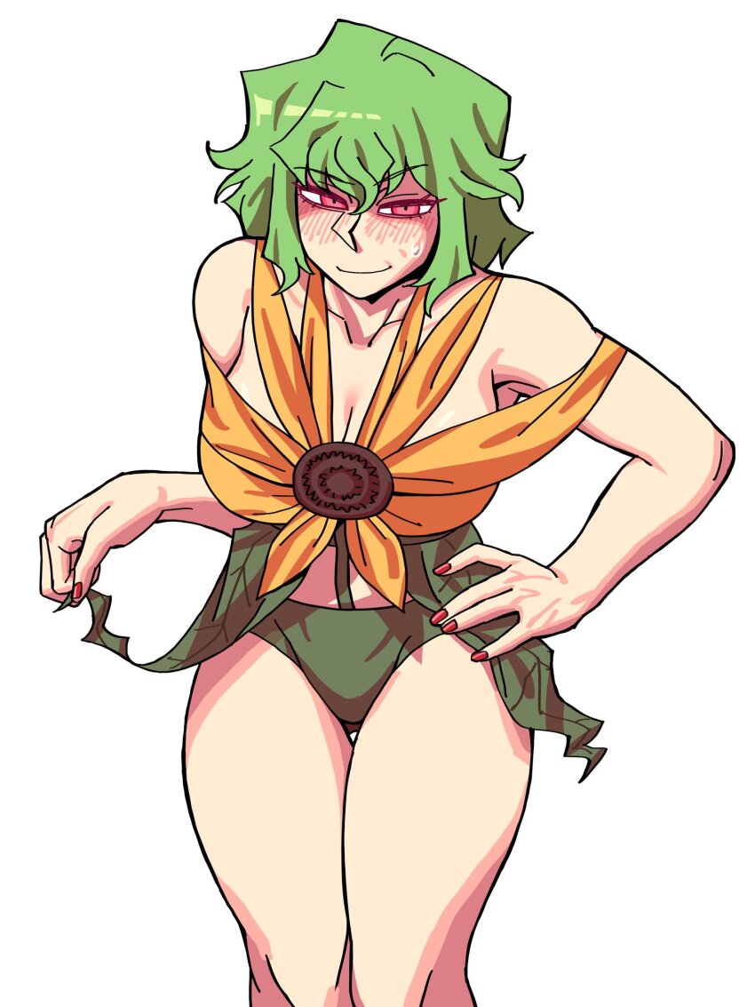 1girl bare_shoulders bikini blush breasts cleavage cowboy_shot eddybird55555 flower flower_clothes green_hair hand_on_own_hip highres kazami_yuuka large_breasts red_eyes red_nails short_hair simple_background solo sunflower sweatdrop swimsuit thighs touhou white_background