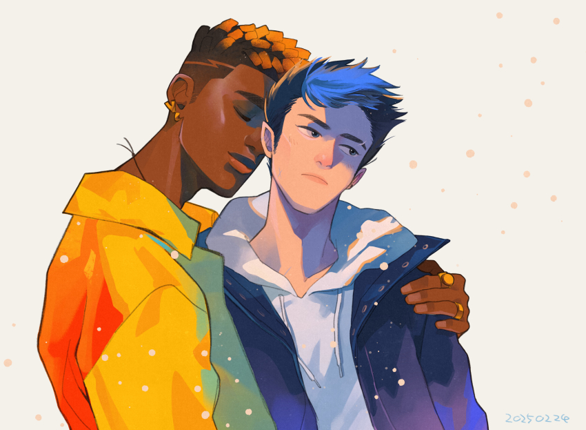 1715yorugohan 2boys arm_around_shoulder black_hair blue_hair blue_jacket closed_eyes closed_mouth collared_jacket commentary dark-skinned_male dark_skin drawstring earrings eyebrow_cut highres hood hood_down hoodie interracial jacket jewelry looking_to_the_side male_focus multicolored_hair multiple_boys multiple_earrings open_clothes open_jacket phoenix_(valorant) piercing sideways_glance streaked_hair valorant white_background white_hoodie wing_collar yaoi yellow_jacket yoru_(valorant)