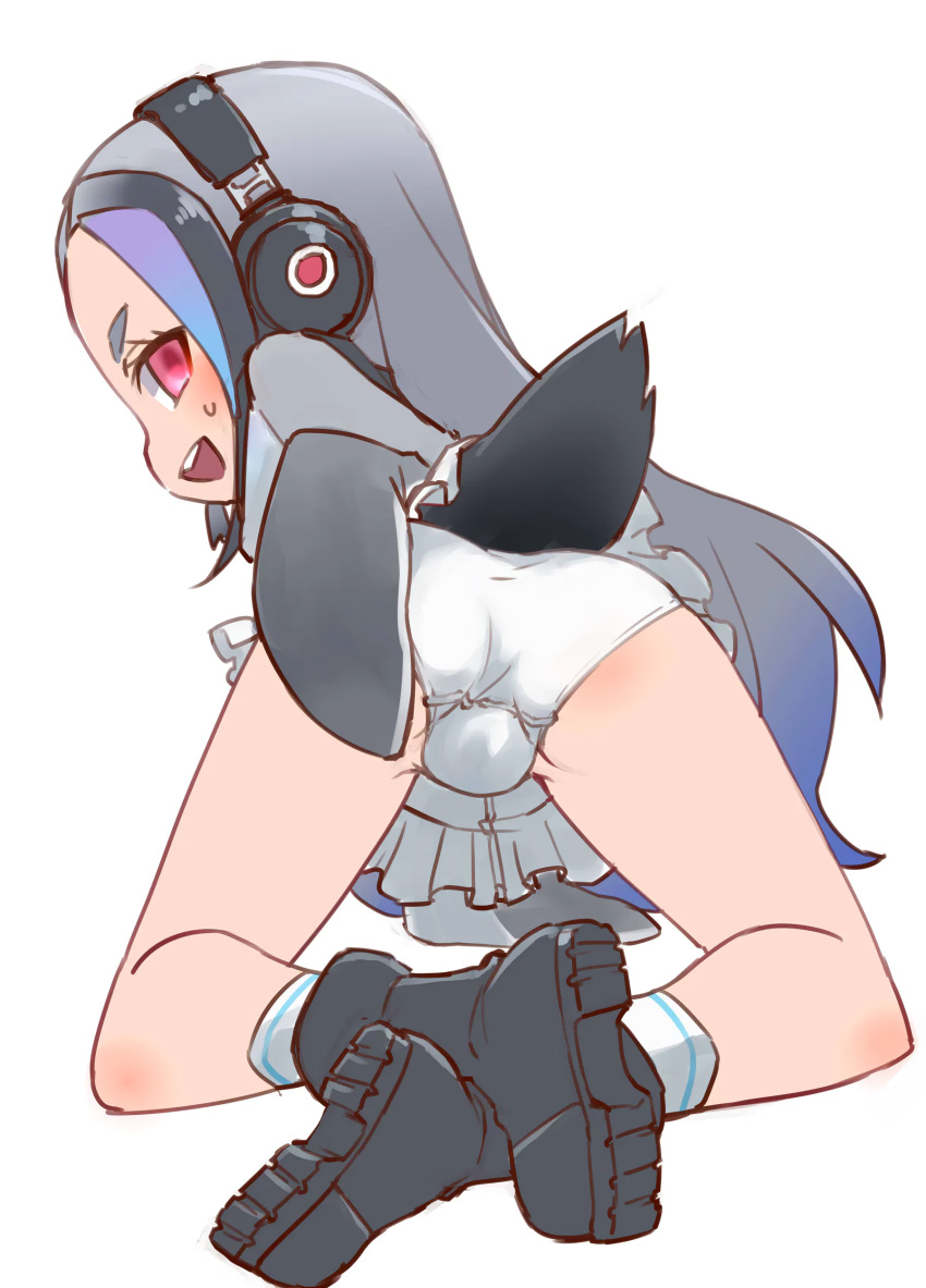 1girl :d absurdres ass ass_focus blue_hair blush boots clothes_lift crossed_legs empty_eyes female_focus forehead frilled_skirt frills from_behind full_body furrowed_brow giant_penguin_(kemono_friends) gradient_clothes gradient_hair grey_hair hand_on_own_ass happy headphones highres hood hoodie jacket kemono_friends lifting_own_clothes long_hair multicolored_eyes multicolored_hair ogihara_mach open_mouth panties pantyshot partially_visible_vulva penguin_girl penguin_tail pink_eyes presenting purple_hair red_eyes simple_background skirt skirt_lift smile socks solo sweat sweatdrop swimsuit tail teeth thick_eyebrows thighs underwear upper_teeth_only upskirt very_long_hair white_background white_panties white_skirt