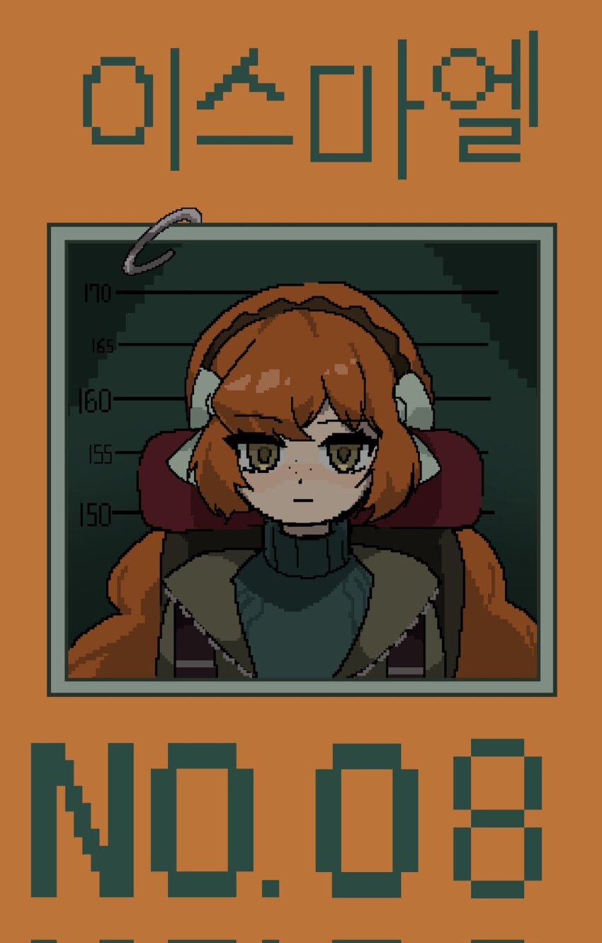 1girl backpack bag blue_sweater bow closed_mouth flaqjtmfmf freckles green_jacket hair_bow highres id_card_(medium) ishmael_(identity_archive)_(project_moon) ishmael_(project_moon) jacket limbus_company long_hair looking_at_viewer orange_hair pixel_art project_moon sidelocks solo sweater turtleneck turtleneck_sweater very_long_hair white_bow