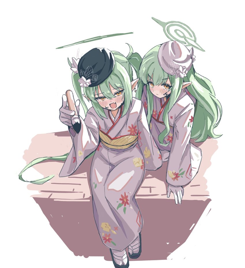 2girls :d absurdres alternate_costume arm_at_side black_hat blue_archive blush calligraphy_brush commentary_request demon_girl fang floral_print floral_print_kimono flower from_above full_body green_hair green_halo hair_between_eyes halo hand_up hat hat_flower highres hikari_(blue_archive) holding holding_calligraphy_brush holding_paintbrush ink ink_on_face japanese_clothes kimono long_hair long_sleeves looking_at_viewer multiple_girls nozomi_(blue_archive) open_mouth paintbrush pointy_ears print_kimono shiu_kyu siblings sidelocks simple_background sisters sitting sketch skin_fang smile twins twintails v-shaped_eyebrows very_long_hair wavy_hair white_background white_flower white_hat white_kimono wide_sleeves yellow_eyes yukata