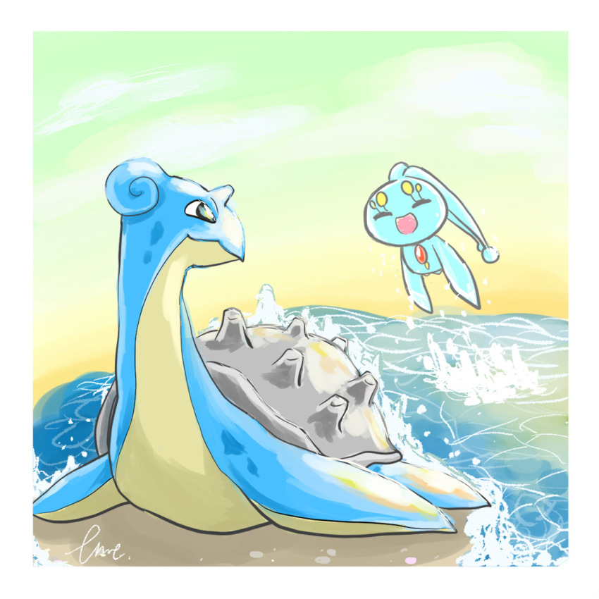 beach border closed_eyes commentary_request eme_ko gen_1_pokemon gen_4_pokemon lapras legendary_pokemon looking_at_another manaphy mythical_pokemon nintendo no_humans ocean one-hour_drawing_challenge open_mouth outdoors pokemon pokemon_(creature) sand smile water white_border