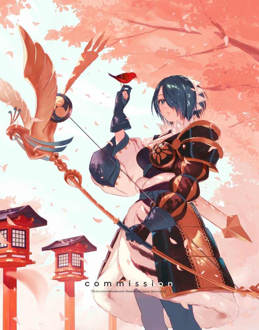 1girl armor asymmetrical_sleeves bird bird_on_hand blue_eyes blue_gloves blue_hair bow_(weapon) breasts cherry_blossoms commentary commission cowboy_shot english_commentary falling_petals fire_emblem fire_emblem_fates gloves hair_over_one_eye hairband highres holding holding_bow_(weapon) holding_weapon japanese_armor japanese_clothes kusazuri looking_at_animal medium_breasts mismatched_sleeves nintendo one_eye_covered outdoors parted_lips partially_fingerless_gloves petals pink_petals red_bird setsuna_(fire_emblem) short_hair shoulder_armor single_wide_sleeve solo spring_(season) sumustard weapon white_headdress
