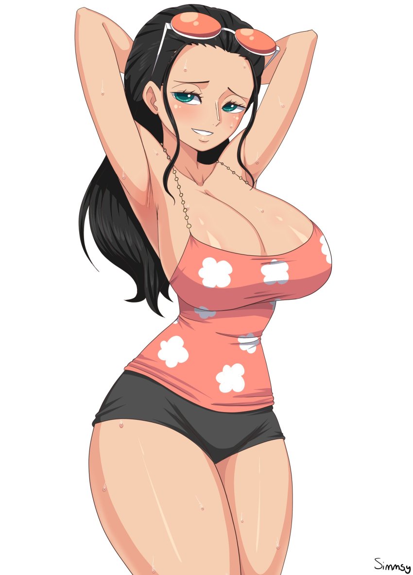 1girl absurdres aqua_eyes armpits arms_behind_head artist_name bare_shoulders black_hair black_shorts blush breasts camisole cleavage collarbone highres large_breasts long_hair looking_to_the_side narrow_waist nico_robin nico_robin_(punk_hazard) one_piece shirt short_shorts shorts simmsy sleeveless smile solo sunglasses_on_head sweat thick_thighs thighs white_background wide_hips
