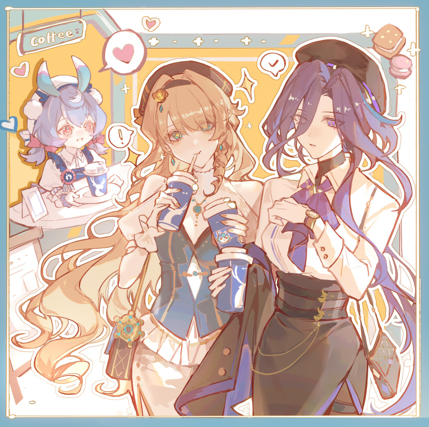 3girls absurdres alternate_costume apron ascot bag bare_shoulders beret black_hairband black_jacket black_pantyhose black_skirt blonde_hair blue_apron blue_ascot blue_border blue_eyes blue_hair blue_vest border breasts clorinde_(genshin_impact) clorinde_(luckin_coffee)_(genshin_impact) clothing_cutout collared_shirt commentary_request counter cup dark_blue_hair disposable_coffee_cup disposable_cup dress drill_hair drill_sidelocks drinking drinking_straw earrings food genshin_impact grin hair_between_eyes hair_ornament hairband handbag hat heart high-waist_skirt highres holding holding_cup holding_plate iron_hailai jacket jewelry juliet_sleeves large_breasts long_bangs long_hair long_sleeves looking_at_another low-tied_long_hair low_twintails macaron melusine_(genshin_impact) multiple_girls navia_(genshin_impact) official_alternate_costume pantyhose pencil_skirt pink_eyes plate pom_pom_(clothes) pom_pom_hair_ornament puffy_sleeves purple_eyes shirt shoulder_cutout sidelocks sigewinne_(genshin_impact) sigewinne_(luckin_coffee)_(genshin_impact) sign skirt smile speech_bubble star-shaped_pupils star_(symbol) symbol-shaped_pupils thigh_strap turtleneck twintails very_long_hair vest watch white_dress white_hat white_shirt yuri