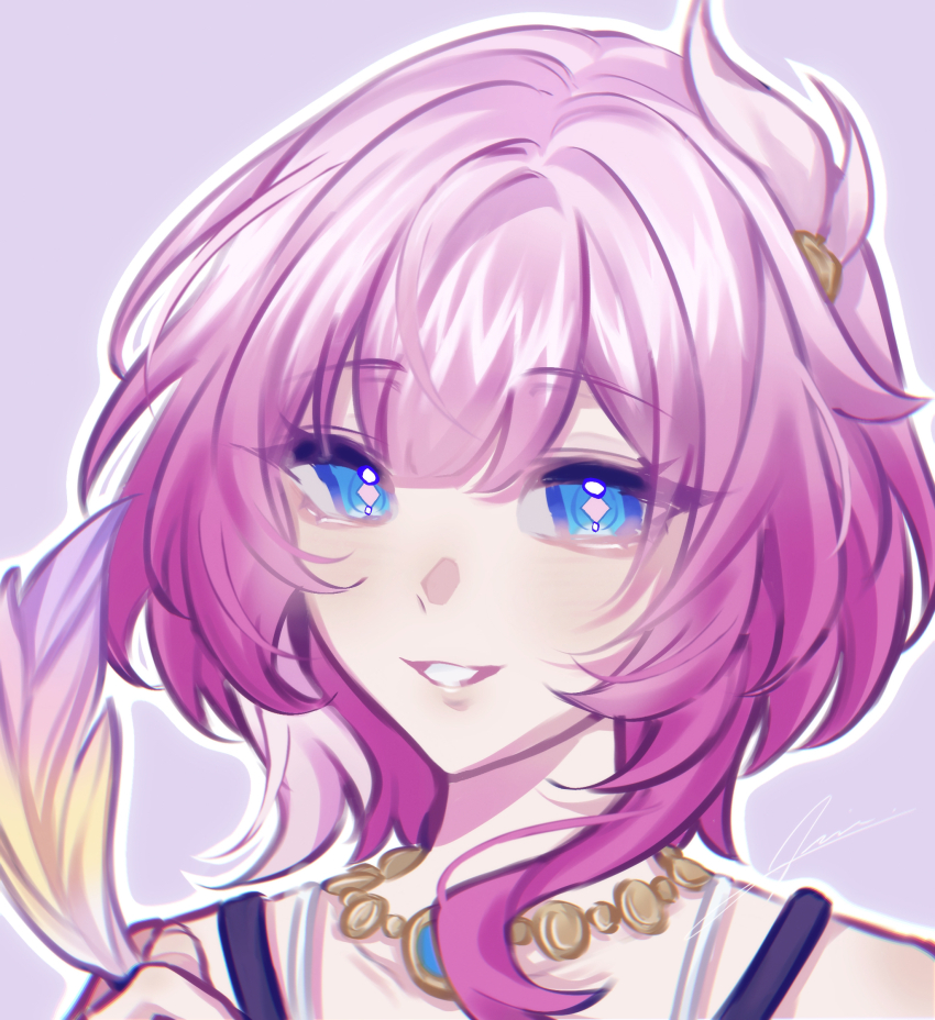 1girl bare_shoulders blue_eyes bra_strap cyrene_(honkai:_star_rail) grin highres honkai:_star_rail honkai_(series) jamie_(ye75667266) jewelry looking_at_viewer necklace pink_hair portrait purple_background short_hair simple_background smile solo