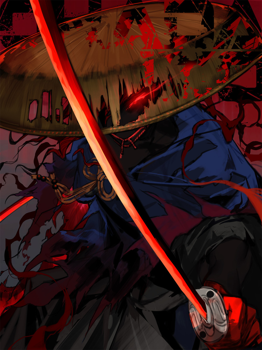 1boy fate/grand_order fate_(series) gloves glowing glowing_eye grey_hakama hakama hat highres holding holding_sword holding_weapon japanese_clothes katana kimono long_hair looking_at_viewer male_focus okada_izou_(fate) okada_izou_(second_ascension)_(fate) red_eyes red_hair roningasa sandogasa solo suzuhi_(fullprayer) sword torn_clothes torn_hat weapon
