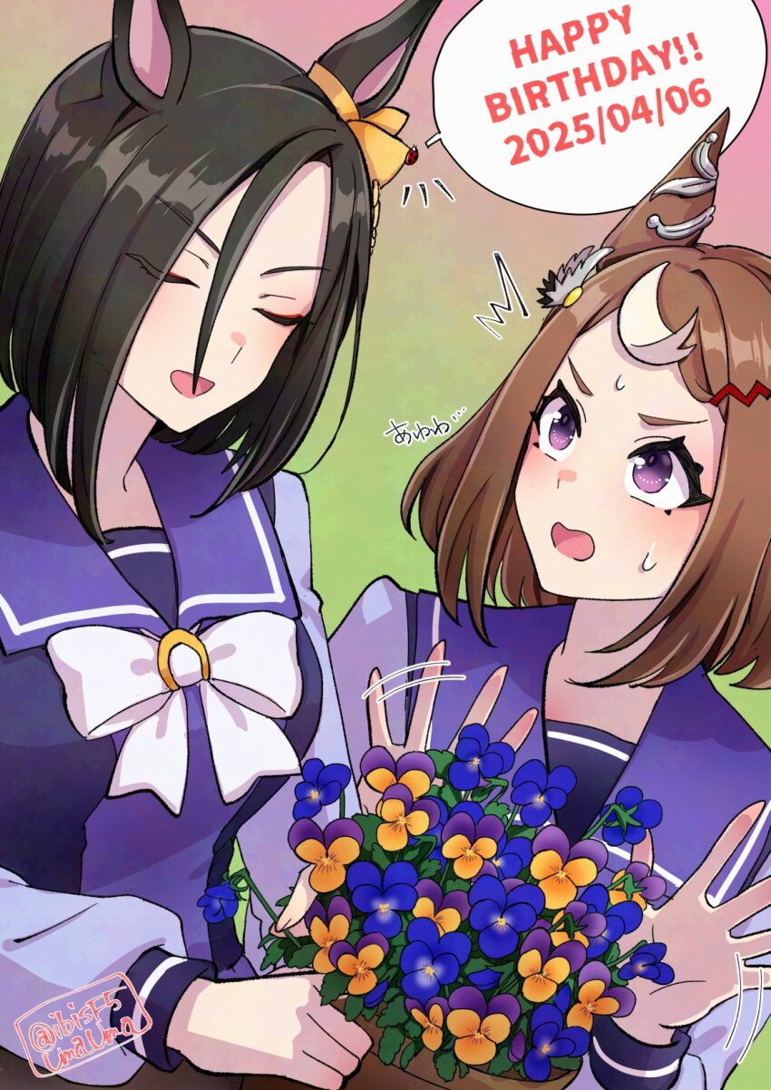 2girls ^^^ air_groove_(umamusume) animal_ears black_hair bow bowtie breasts brown_hair bug closed_eyes dated ear_ornament flower flower_pot gradient_background hair_ornament hairclip happy_birthday hi_(ibisf5umauma) highres horse_ears insect ladybug long_sleeves looking_at_another motion_lines multiple_girls notice_lines open_mouth purple_eyes purple_shirt sailor_collar school_uniform shirt short_hair small_breasts smile solo sweatdrop tracen_school_uniform tsurumaru_tsuyoshi_(umamusume) umamusume upper_body