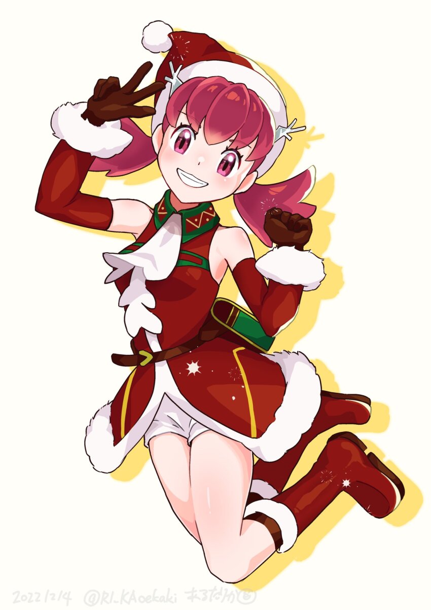 1girl 2022 arm_up armpits arutarika_(ri_kaoekaki) belt breasts brown_belt brown_gloves christmas coat collared_coat commentary_request cowboy_shot dated detached_sleeves dress eyelashes full_body gloves hat highres long_hair low_twintails medium_breasts nintendo official_alternate_costume open_mouth pink_eyes pink_hair pokemon pokemon_masters_ex red_coat red_hat santa_costume santa_dress santa_hat shorts simple_background sleeveless sleeveless_coat smile solo twintails twitter_username v white_background white_shorts whitney_(holiday_2022)_(pokemon) whitney_(pokemon)