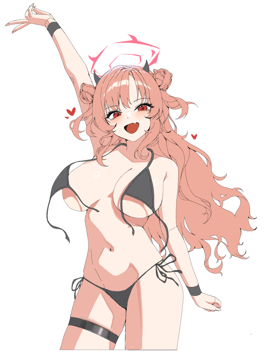 1girl absurdres arm_up bikini black_bikini blue_archive blush breasts cropped_legs demon_horns double_bun fang fingernails groin hair_bun halo heart highres horns kirara_(blue_archive) large_breasts long_hair looking_at_viewer navel pink_hair red_eyes sbgu side-tie_bikini_bottom simple_background skin_fang smile solo stomach swimsuit thigh_strap untied_bikini v very_long_hair wardrobe_malfunction white_background wristband