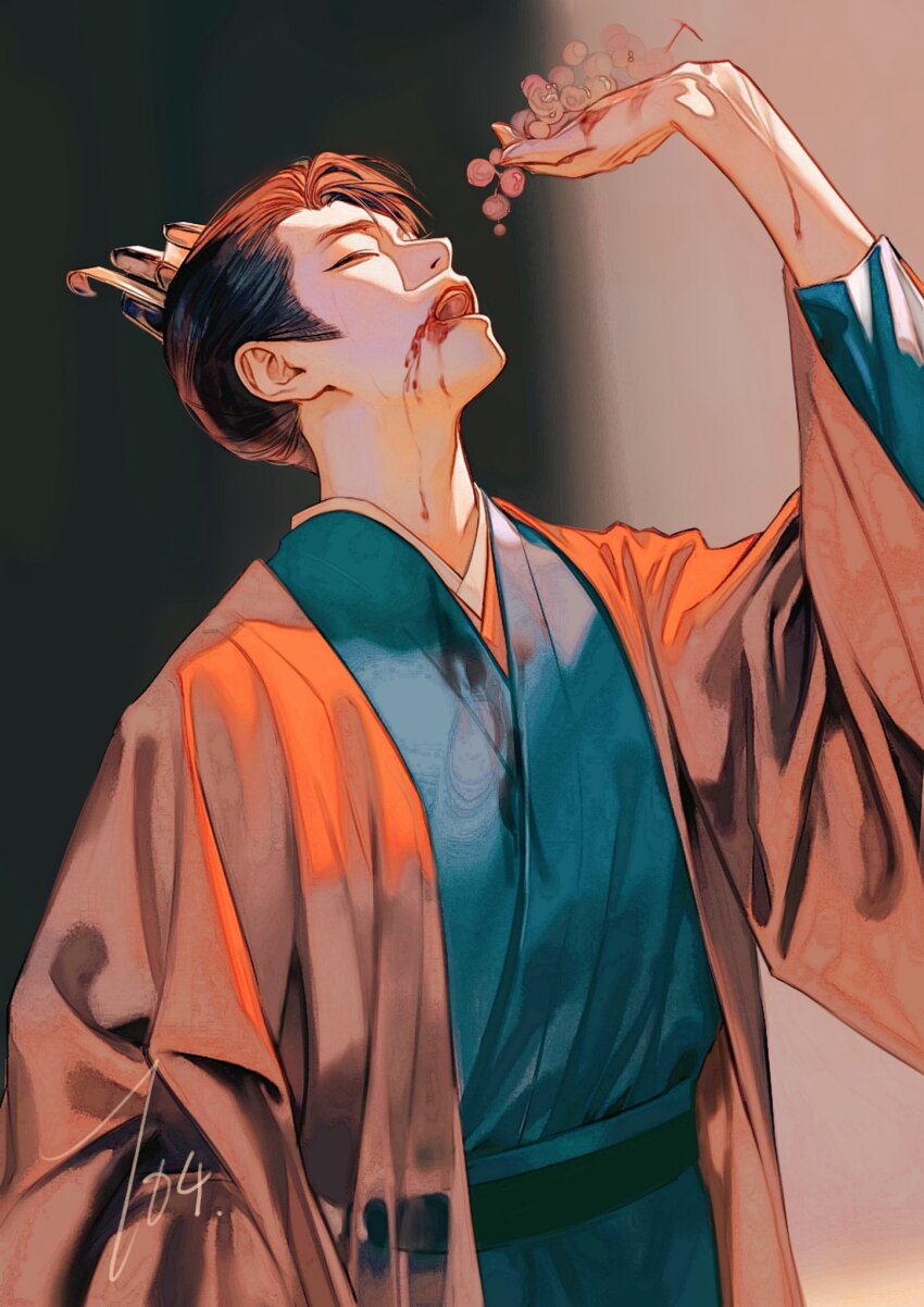 1boy artist_name black_hair blood blood_on_clothes blood_on_hands blood_on_mouth blue_robe blurry blurry_background character_request chinese_clothes chinese_commentary closed_mouth commentary_request copyright_request cowboy_shot hair_ornament highres holding male_focus open_mouth orange_robe robe short_hair solo teeth toscana20460423 wide_sleeves