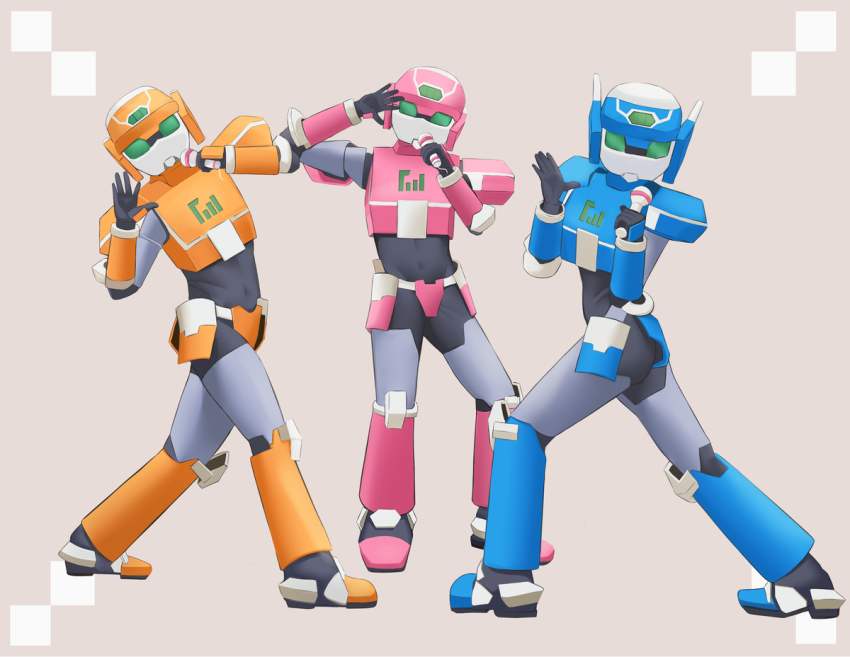 3girls armor artist_request black_bodysuit black_gloves blue_armor blue_boots blue_eyes blue_hair blue_helmet bodysuit boots braid braided_ponytail breasts brown_background brown_hair dancing girlfriend_(kari) glasses gloves hair_ornament hairclip helmet hino_kanae indoors kaito_mitsuko large_breasts long_hair medium_breasts microphone multiple_girls murakami_fumio music open_mouth pink_armor pink_boots pink_helmet red_eyes simple_background singing standing tagme twin_braids twintails yellow_armor yellow_boots yellow_helmet