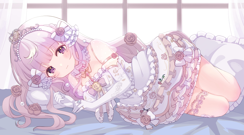 1girl absurdres blunt_bangs blush bow breasts center_frills closed_mouth commentary_request commission cream_(nipakupa) dress dress_bow elbow_gloves feet_up frilled_dress frilled_pillow frills full_body gloves highres himeno_aimu indie_virtual_youtuber light_smile long_hair lying medium_breasts on_bed on_side pillow pink_hair purple_eyes see-through_clothes see-through_sleeves short_dress short_sleeves skeb_commission solo split_mouth tiara virtual_youtuber white_bow white_dress white_gloves window