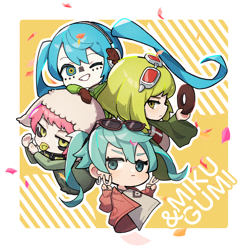 4girls ;d aqua_eyes aqua_hair character_name chibi confetti creator_connection cropped_torso donut donut_hole_(vocaloid) double_v ear_piercing eyewear_on_head facepaint food green_eyes green_hair green_jacket grin gumi hair_between_eyes hat hatsune_miku highres holding holding_donut holding_food jacket kotatsukarakita long_hair looking_at_viewer matryoshka_(vocaloid) multiple_girls one_eye_closed open_clothes open_jacket open_mouth outline panda_hero_(vocaloid) piercing pink_hair profile red-tinted_eyewear red_jacket red_shirt shirt smile suna_no_wakusei_(vocaloid) sunglasses teeth tinted_eyewear twintails v vocaloid white_background white_hat white_outline white_shirt yellow_background yellow_eyes zipper_pull_tab