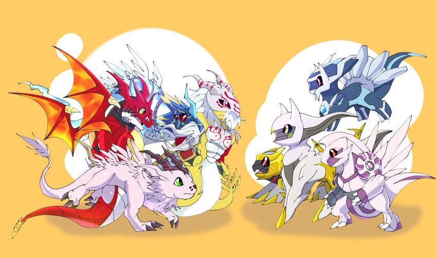 arceus creatures_(company) dialga digimon dragon game_freak gen_4_pokemon giratina giratina_(altered) goddramon highres holydramon horns legendary_pokemon looking_at_another mask megidramon mythical_pokemon nintendo palkia pokemon pokemon_(creature) qinglongmon tail wings