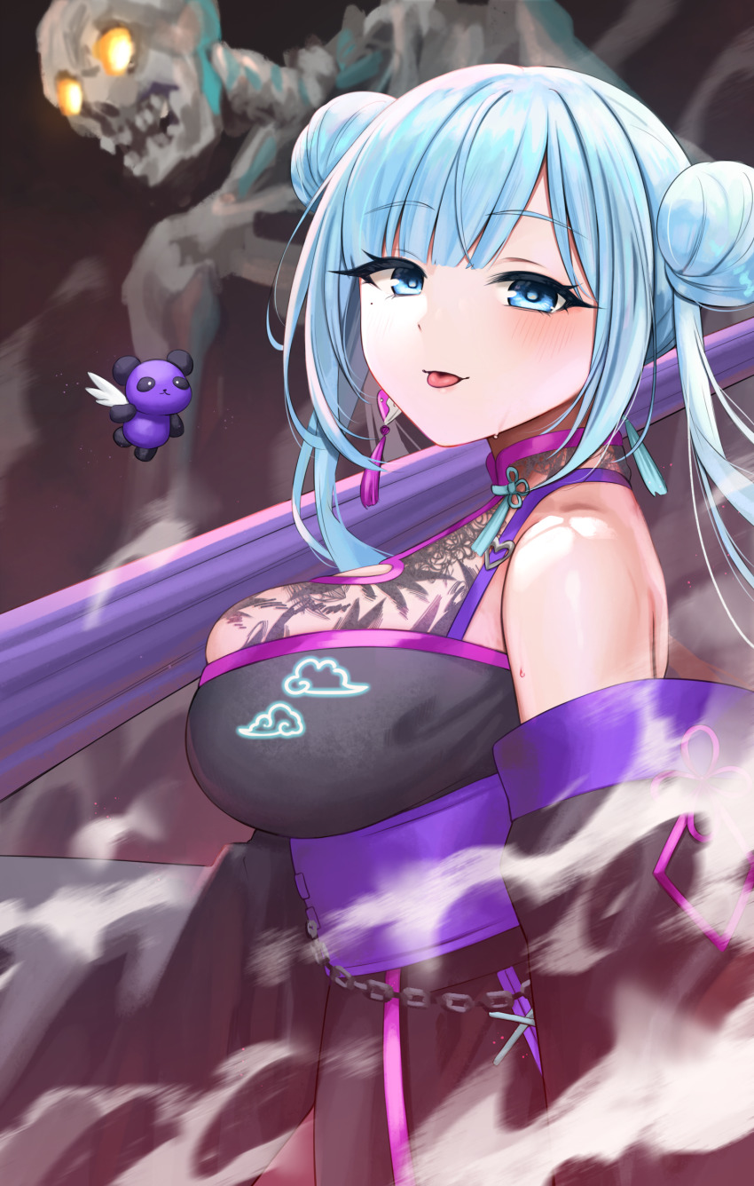 1girl :p absurdres bare_shoulders black_dress blue_eyes blue_hair breasts chain closed_mouth closed_umbrella commentary_request copyright_request double_bun dress from_side glowing glowing_eyes hair_bun highres hoshimiya_aki large_breasts long_hair looking_at_viewer looking_to_the_side official_art oil-paper_umbrella orange_eyes purple_umbrella skeleton smile solo tongue tongue_out twintails umbrella virtual_youtuber