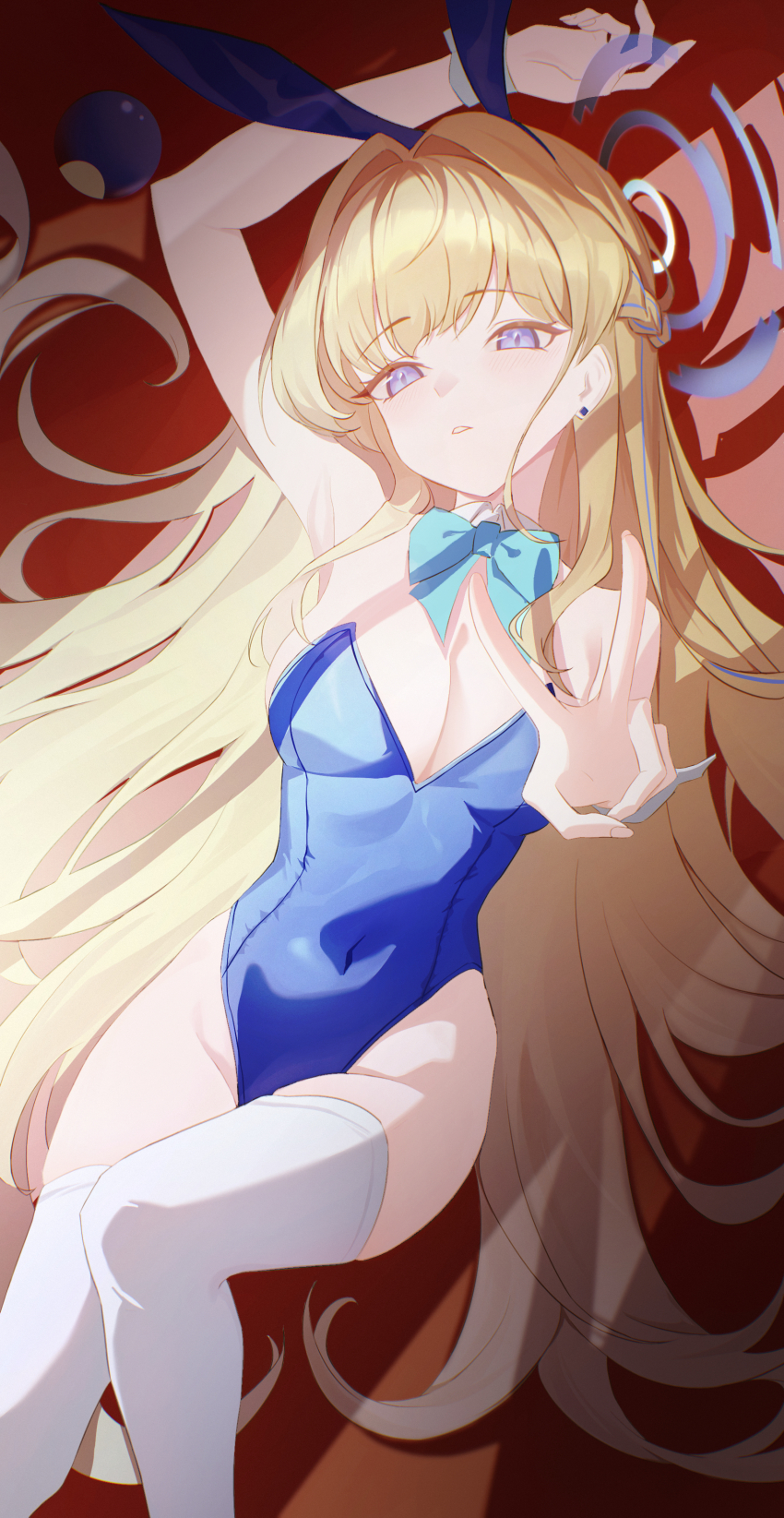 1girl absurdres animal_ear_hairband animal_ears arm_behind_head armpits bare_arms bare_shoulders blonde_hair blue_archive blue_bow blue_eyes blue_hairband blue_leotard bow breasts cleavage detached_collar fake_animal_ears hair_bow hairband highleg highleg_leotard highres large_breasts leotard long_hair looking_at_viewer lying official_alternate_costume official_alternate_hairstyle on_back parted_lips rabbit_ear_hairband rabbit_ears sidelocks solo szai thighhighs toki_(blue_archive) toki_(bunny)_(blue_archive) v white_thighhighs wrist_cuffs