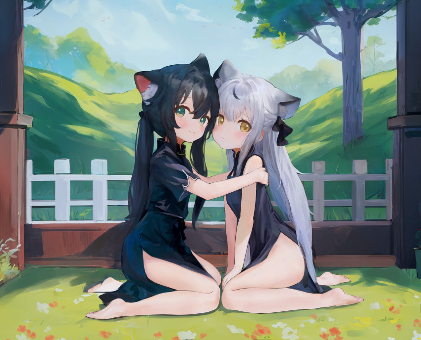 2girls animal_ear_fluff animal_ears barefoot black_dress black_hair blue_archive blush brown_eyes china_dress chinese_clothes cloud dress face-to-face feet from_side green_eyes grey_hair hands_on_another&#039;s_shoulders highres kneeling kokona_(blue_archive) long_hair looking_at_viewer multiple_girls outdoors short_sleeves shun_(blue_archive) shun_(small)_(blue_archive) siblings side_slit sisters sleeveless sleeveless_dress sly tail thighs tiger_ears tiger_girl tiger_tail toes tree twintails very_long_hair wangyq
