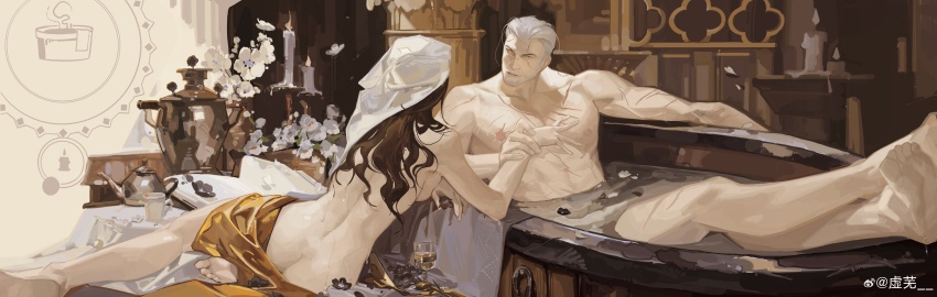 1boy 1girl absurdres ass back bare_arms bare_legs bare_pectorals bare_shoulders bath bite_mark bite_mark_on_shoulder black_hair breasts butt_crack candle candlestand cup fire flower geralt_of_rivia highres holding_another&#039;s_wrist in_bathtub incredibly_absurdres indoors long_hair looking_at_another nude parted_lips pectorals pillar scar scar_on_arm scar_on_chest scar_on_face short_hair sin_node sitting the_witcher_(series) the_witcher_3 water white_flower white_hair yellow_eyes yennefer_of_vengerberg
