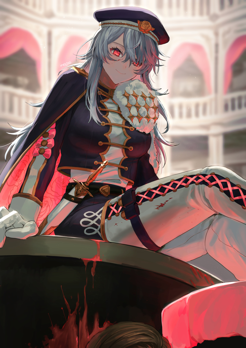 1girl absurdres black_cape black_headwear black_jacket blood blood_on_clothes blood_on_face blurry blurry_background cape closed_mouth commentary_request gloves grey_hair hair_over_one_eye highres indoors jacket long_hair mege_(megechan) original pink_cape red_eyes shirt sitting smile solo thighhighs two-sided_cape two-sided_fabric white_footwear white_gloves white_shirt