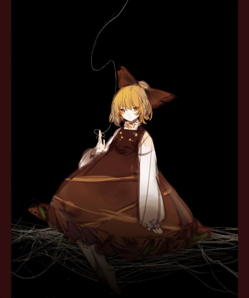 1girl arthropod_girl black_background black_skirt blonde_hair bow brown_dress bug dress hair_bow highres insect_girl kurodani_yamame silk skirt solo spider spider_girl spider_web touhou yellow_eyes zhixie_jiaobu