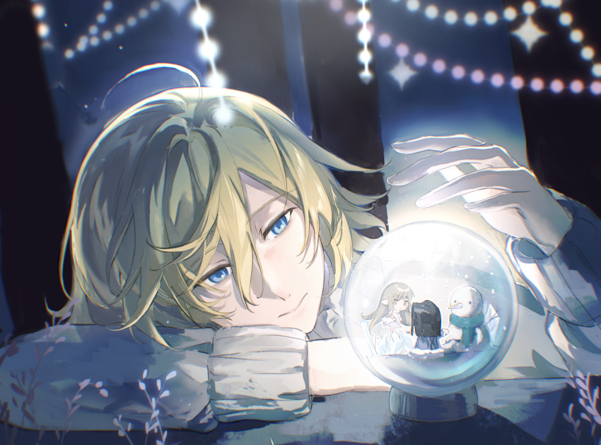 1girl 2boys ahoge ashura-ou blonde_hair blue_eyes chii chinese_commentary chobits chromatic_aberration commentary_request crossover fai_d._flowright hair_between_eyes hand_up highres light_particles long_sleeves male_focus multiple_boys short_hair shuimian_feixing snow_globe snowman sweater tsubasa_chronicle white_sweater