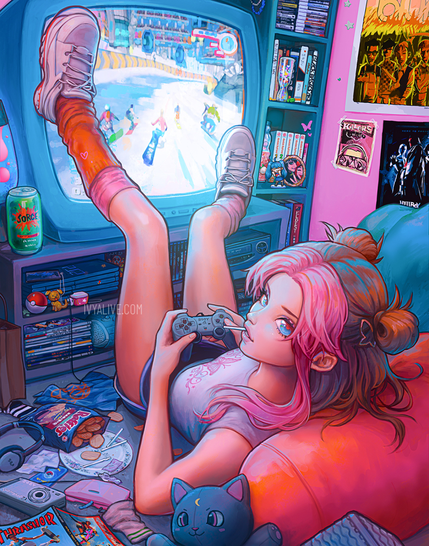 1girl absurdly_detailed_composition artist_name black_shorts blue_eyes brown_hair camera candy_wrapper chips_(food) commentary controller crt double_bun dvd_case energy_drink english_commentary feet_against_glass feet_up figure food full_body game_console hair_bun headphones highres holding holding_controller indoors ivyalive lava_lamp loaded_interior lollipop_in_mouth looking_at_viewer looking_back lying on_back on_floor orange_socks original parted_lips pillow pink_socks pink_streaks plate playing_games playstation_2 playstation_controller poke_ball pokemon_card poster_(object) potato_chips print_shirt shirt shoes short_shorts shorts socks solo stuffed_animal stuffed_toy unworn_headphones videocassette_recorder watermark web_address white_shirt white_shoes y2k_fashion