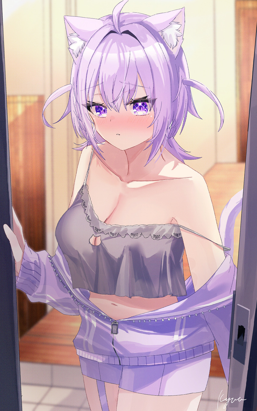 1girl absurdres ahoge animal_ear_fluff animal_ears blush breasts camisole cat_cutout cat_ears cat_girl cat_tail cleavage_cutout closed_mouth clothing_cutout grey_camisole highres hololive jacket medium_hair nekomata_okayu nekomata_okayu_(membership) official_alternate_costume official_alternate_hairstyle purple_eyes purple_hair purple_jacket purple_shorts shorts solo tail two_side_up virtual_youtuber wwsj3877