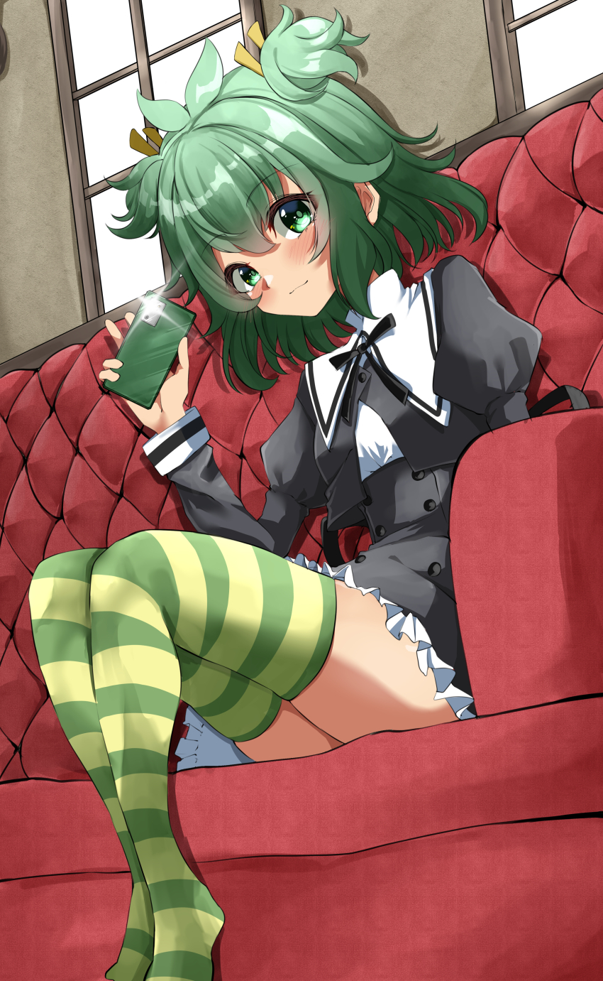 1girl absurdres assault_lily cellphone couch double_bun frilled_skirt frills green_eyes hair_bun highres holding holding_phone phone school_uniform short_hair sitting skirt smartphone smile striped_clothes striped_thighhighs thighhighs window ya-man yoshimura_thi_mai yurigaoka_girls_academy_school_uniform