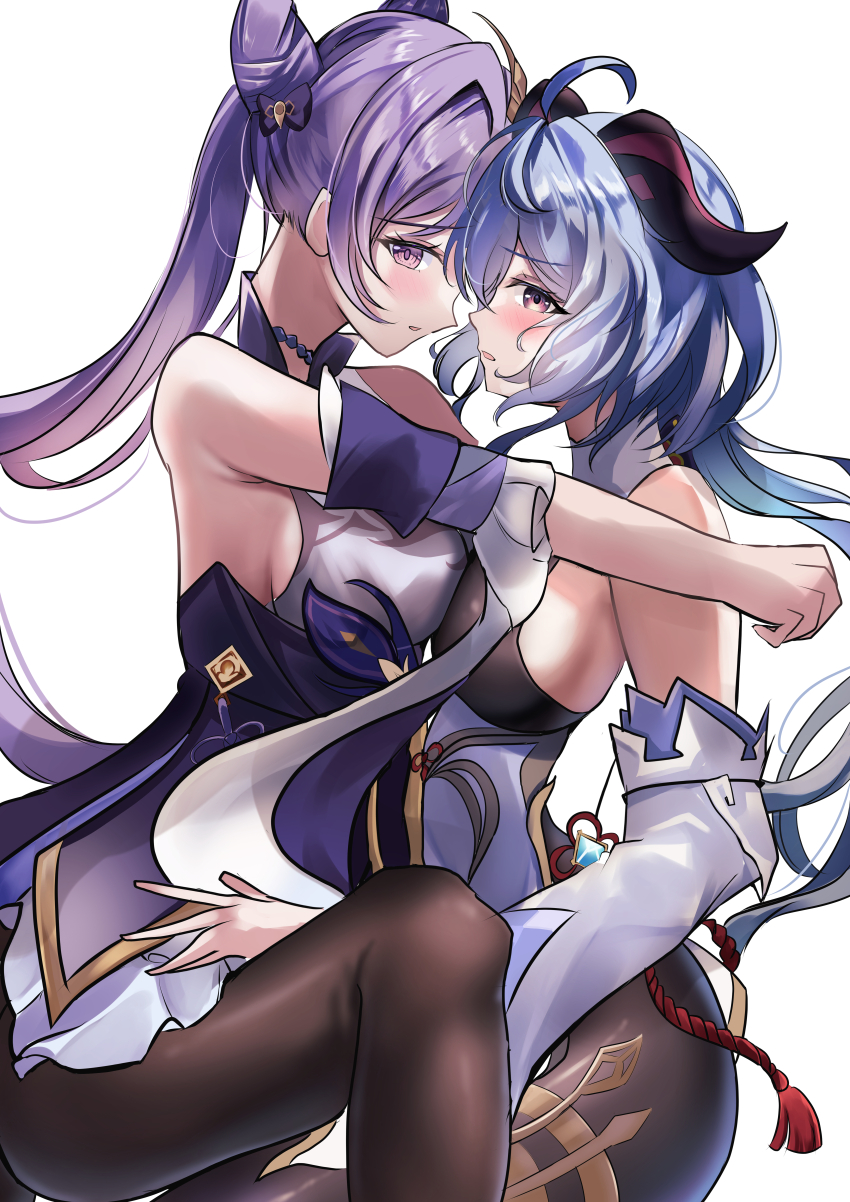 2girls absurdres bare_shoulders black_bodysuit black_pantyhose blue_hair bodysuit breasts commentary_request cone_hair_bun dress eitei_(20041204) ganyu_(genshin_impact) genshin_impact hair_bun highres horns keqing_(genshin_impact) long_hair multiple_girls pantyhose parted_lips pink_eyes purple_dress purple_eyes purple_hair sideboob simple_background twintails white_background yuri
