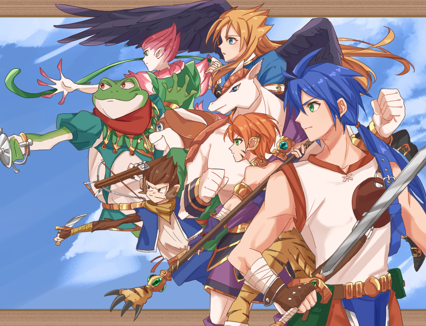 3girls 5boys bandana black_wings blue_background blue_eyes blue_hair bow_(breath_of_fire) bow_(weapon) breath_of_fire breath_of_fire_ii brown_eyes brown_gloves capcom clenched_hand crossbow ekaru_hoppe_de_pe_tapeta feathered_wings fingerless_gloves frog gloves green_eyes highres holding holding_sword holding_weapon kirikuraria knife monkey multiple_boys multiple_girls nina_(breath_of_fire_ii) outdoors pink_hair ponytail rand_marks rinpoo_chuan ryu_(breath_of_fire_ii) sky sleeveless spar staff standing sten_legacy sword tail weapon whip wings