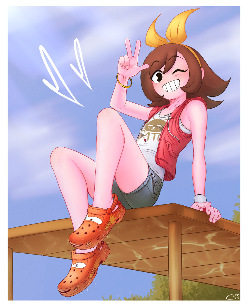 1girl absurdres black_eyes bracelet brown_hair cabronpr cars_(movie) colored_skin crocs dock full_body genderswap genderswap_(mtf) grin hairband highres humanization jewelry lightning_mcqueen marigold_(cabronpr) medium_hair objectification one_eye_closed orange_hairband original personification pink_skin red_vest short_shorts shorts sitting smile solo tank_top vest w white_tank_top wristband