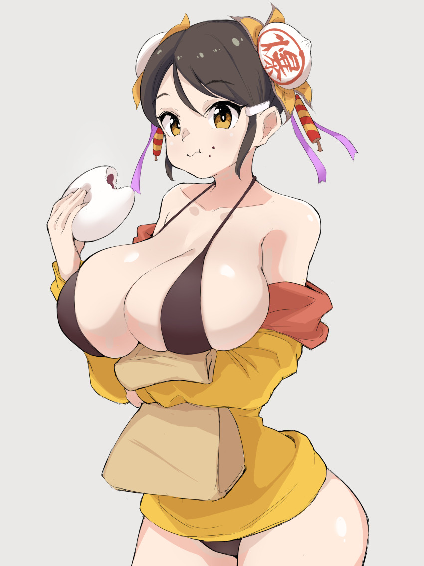 1girl absurdres baozi_hair_ornament bikini bikini_under_clothes black_hair breasts chinese_clothes cleavage eating food food-themed_hair_ornament food_on_face hair_ribbon highres ikigai jacket large_breasts looking_at_viewer meimei_(senran_kagura) ribbon senran_kagura swimsuit yellow_eyes