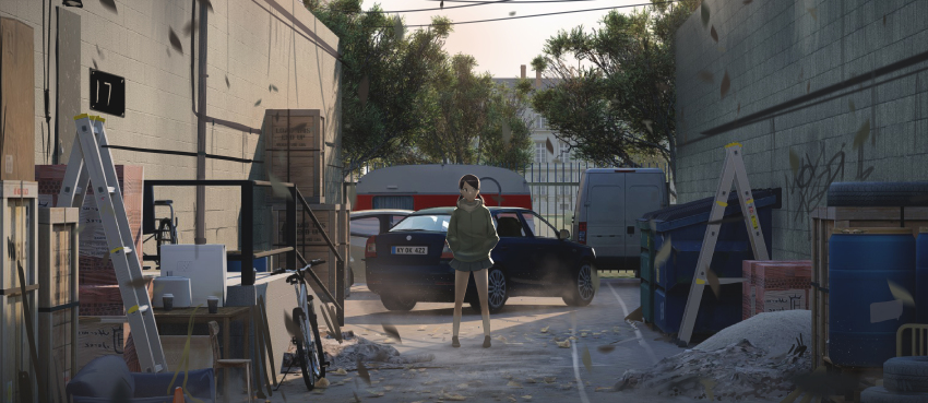 1girl absurdres bicycle blue_skirt brown_hair camper_trailer car crate day dumpster faiz_azhar female_focus fence hands_in_pocket highres hood hoodie ladder low_twintails motor_vehicle original outdoors pleated_skirt recreational_vehicle shoes skirt skoda skoda_octavia solo standing trailer tree twintails